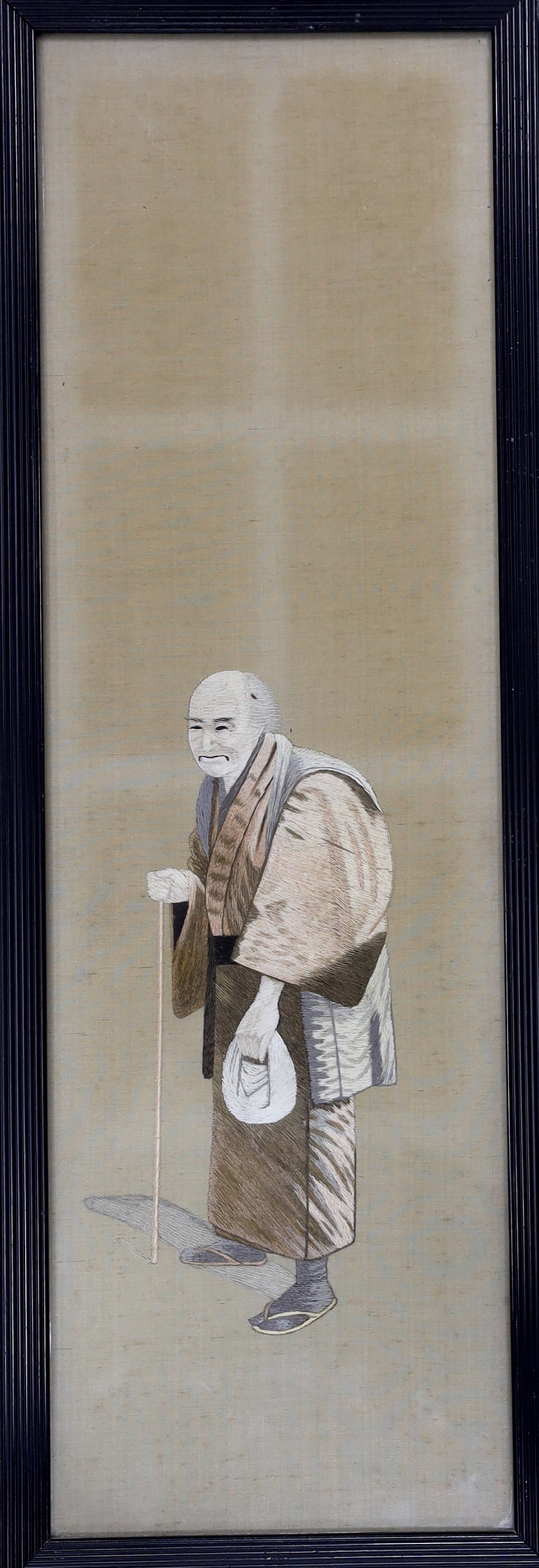 Two Japanese silk panels embroidered with elders, 54 x 16.5cm